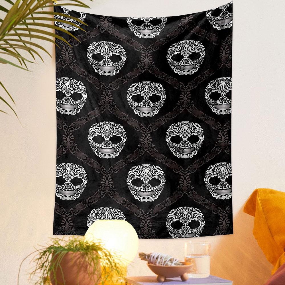 Floral Skull Pattern On Black Background Patterned Tapestry Home Decor, Suitable for Bedroom and Living Room, Gift
