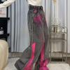 American vibe retro pink graffiti premium gray jeans men's high street loose straight wide-leg floor pants trendy brand