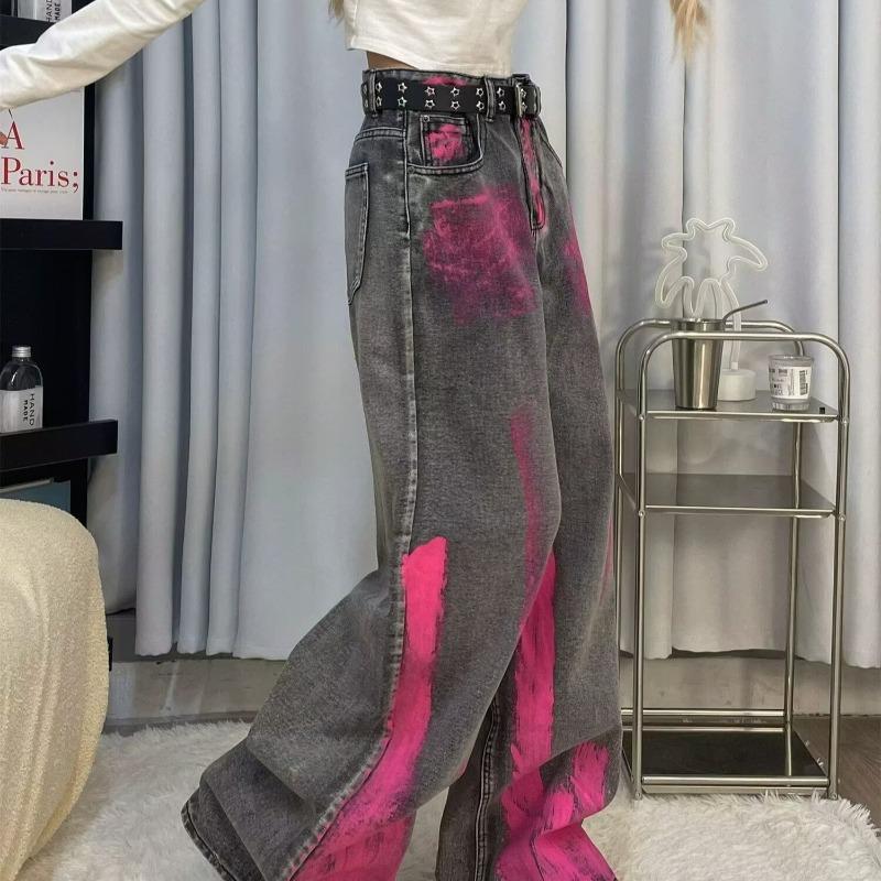 American vibe retro pink graffiti premium gray jeans men's high street loose straight wide-leg floor pants trendy brand