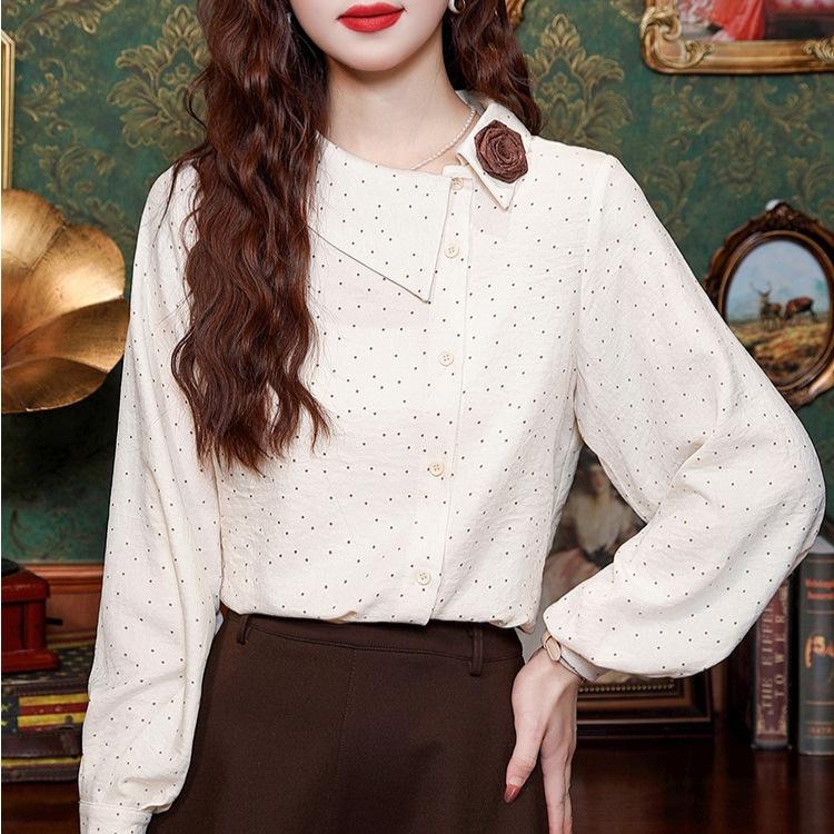 Hong Kong Style Retro Irregular Polka Dot Long-sleeved Shirt for Women In Winter Fashionable Age-reducing Design Versatile Top