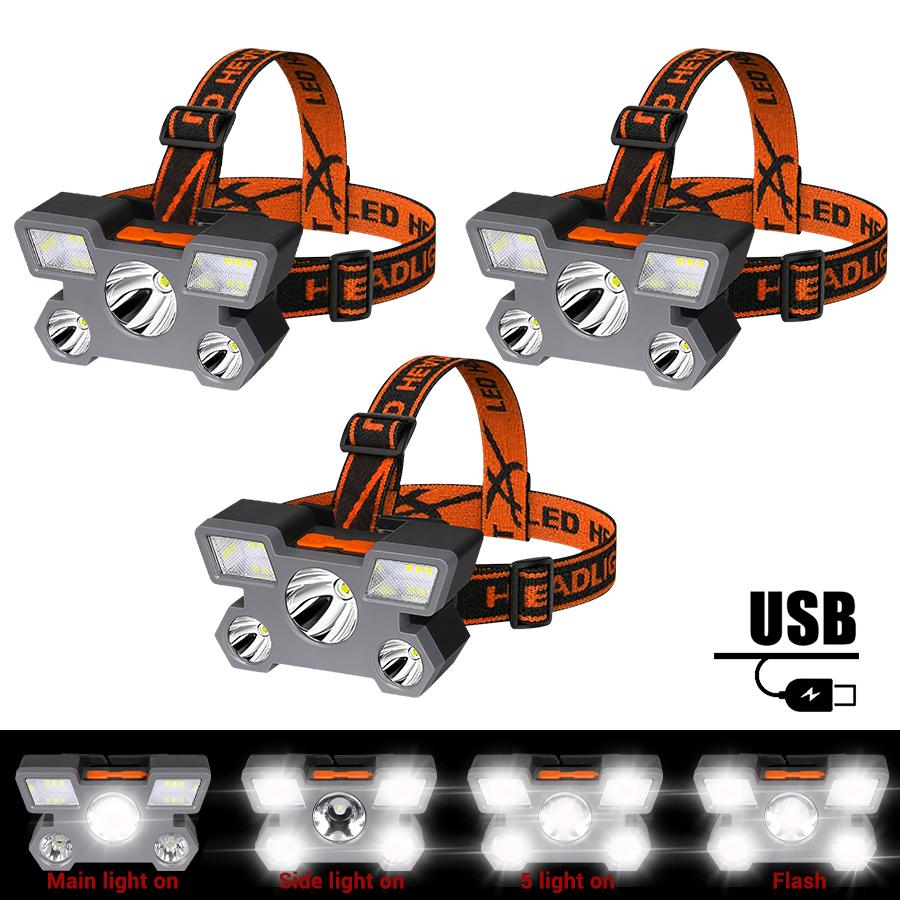 Powerful 5 LED Headlight USB Rechargeable Ultra Bright Headlamp Built-in 18650 Battery Head Torch Outdoor Camping Searchlight