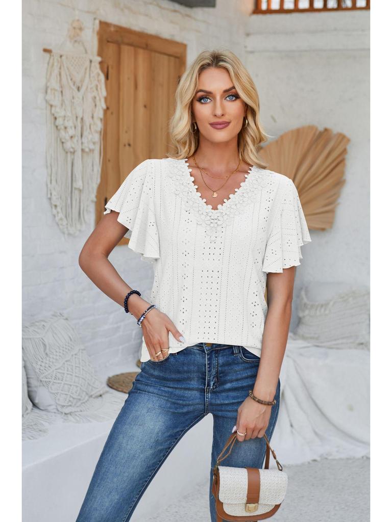 Spring/Summer Women's Lace V-Neck Ruffle Sleeve Loose T-Shirt