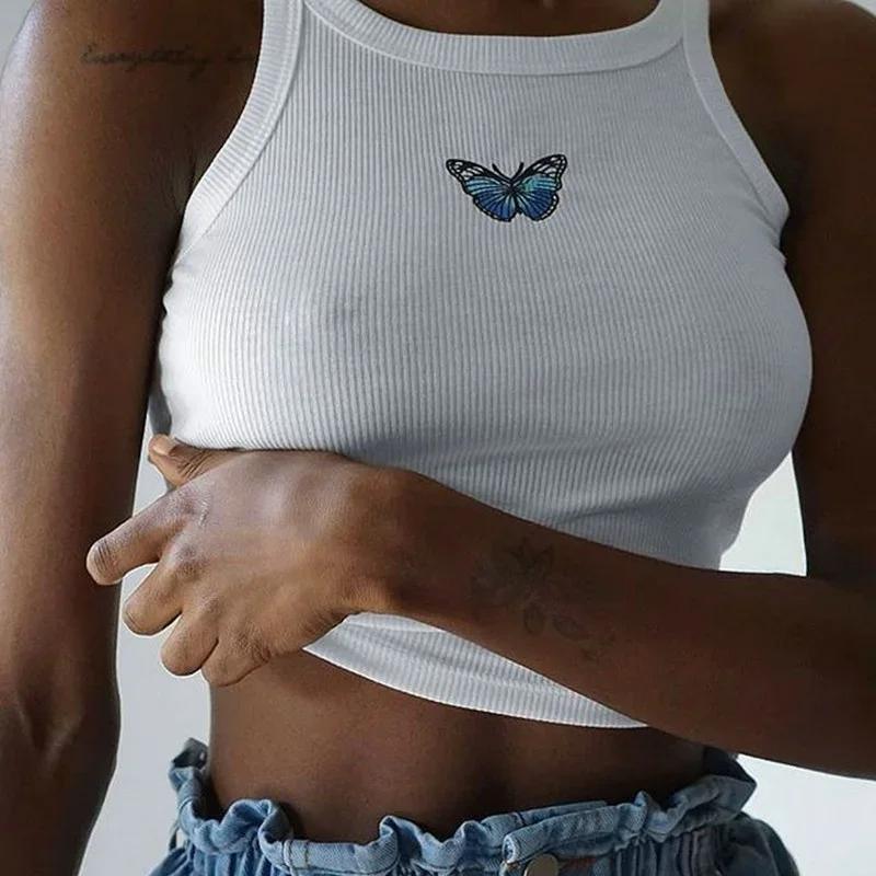 Casual Sexy Butterfly Embroidered Short Slim Sleeveless White Tops New Summer Vest Tank Pure Color Halter Crop Tanks for Women