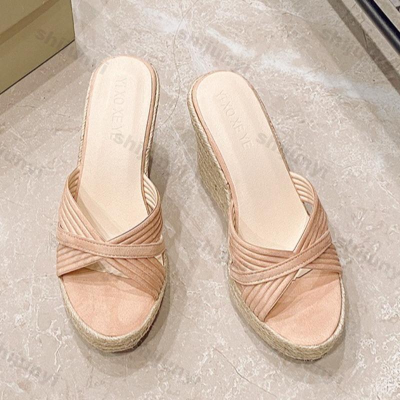 Fashion 2025 New Style Summer Solid Color Women's One-piece Thick Soled Sloping Heel Sandals Comfortable Elegant Temperament Cool Pumps