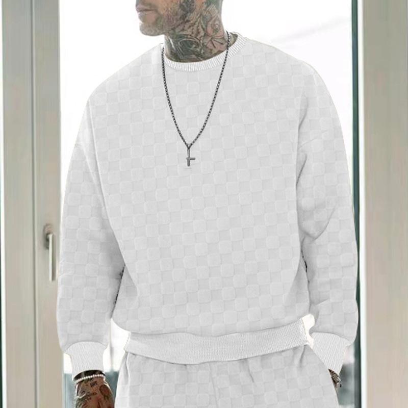 Men's Autumn and Winter Heavy Jacquard Checkerboard Checkerboard T-shirt Men's T-shirt Round Neck Casual Bottoming Shirt Knitted Long-sleeved T-shirt