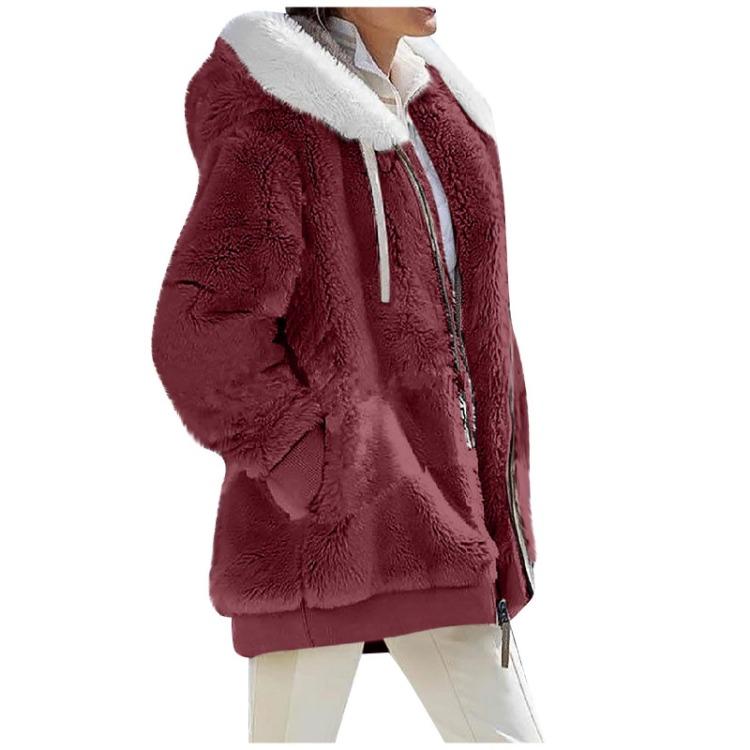 Winter Women Fashion Loose Plush Hooded Coat Long Sleeve Zipper Pocket Solid