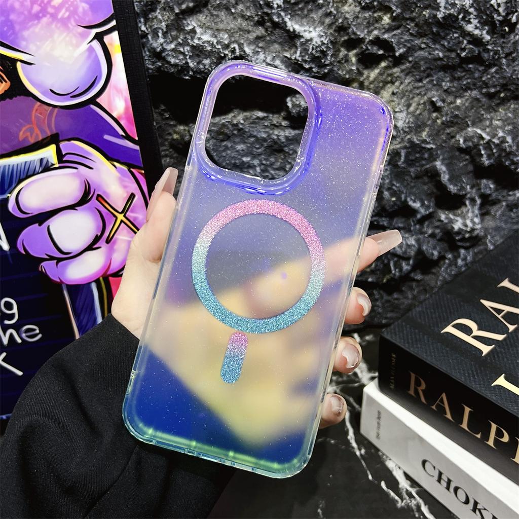 The IPhone16 Dual-color Gradient Blue Light Glitter Magnetic Attraction Is Suitable for Apple 14/15 Pro Max Phone Cases