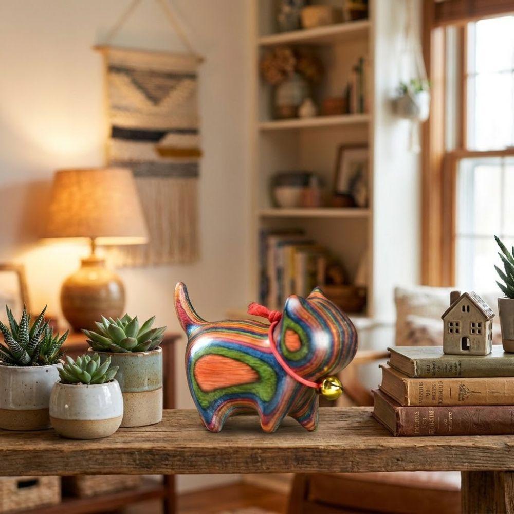 Wood Carving Cat Ornament Natural Texture Lucky Cat Ornament Wooden Cat Figurine  Bookshelf Display