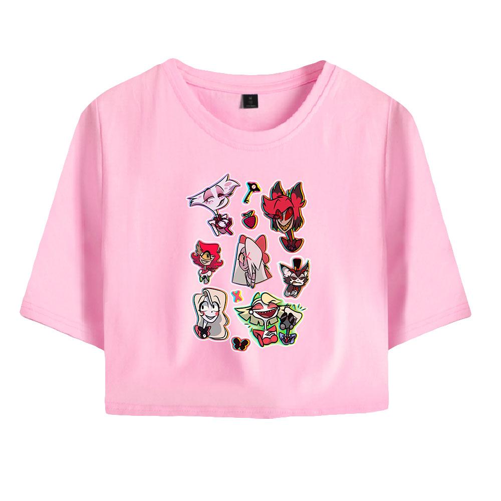 Tricou cu mânecă scurtă cu mânecă scurtă și cu gât rotund, cu imprimeu animat, elegant Hazbin Hotel, crop topuri sălbatice, casual, pentru vară
