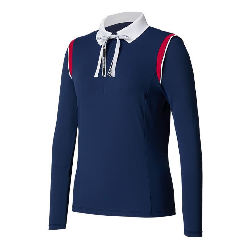 

Fashion Lapel Long-sleeved T-shirt Outdoor Sports Golf Women s Suit Simple All-matching Fake Two-piece Polo Shirt XXL темно-синий