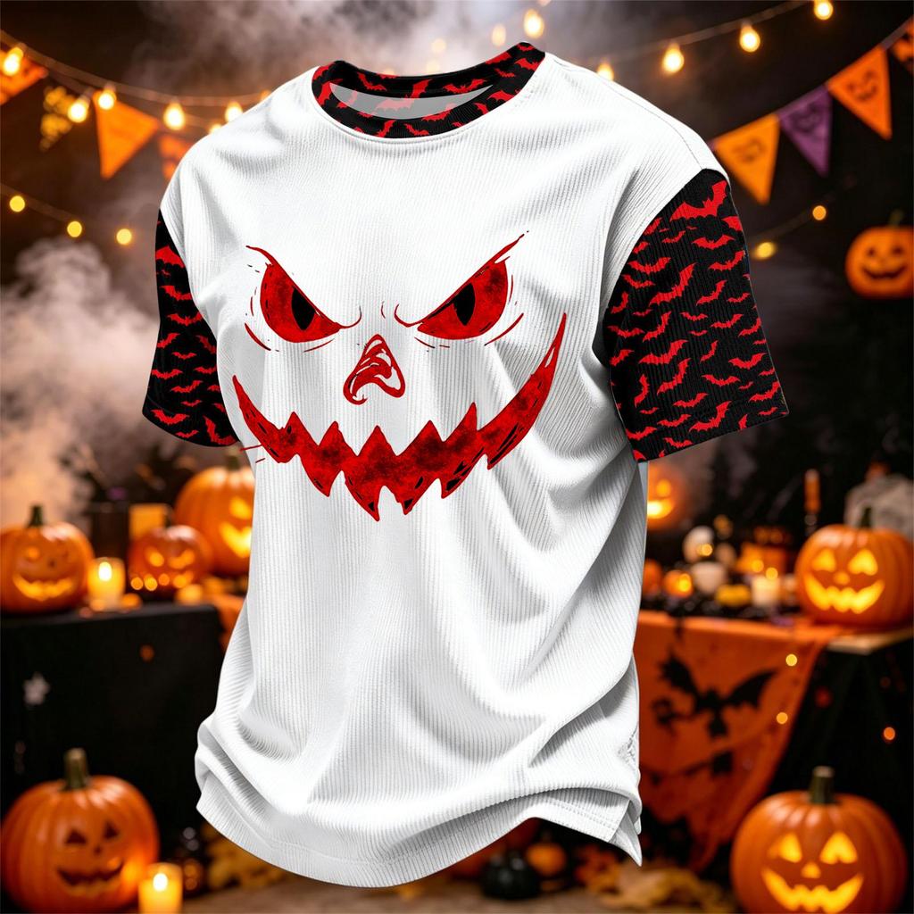 Men's Casual Corduroy Short Sleeve Crew Neck Lightweight Breathable Top Halloween Print Design Comfortable Fit