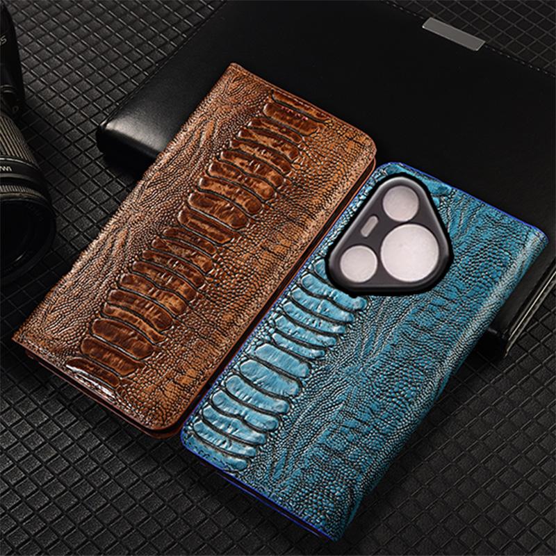 Ostrich Pattern Genuine Leather Flip Case for Huawei P10 P20 P30 P40 P50 P50E P60 Pura 70 80 Art Pro Plus Ultra Lite Cover Cases