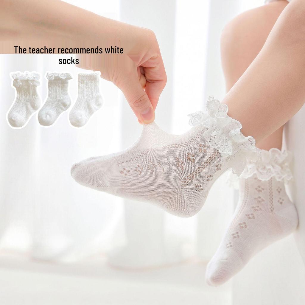 Baby Girl White Lace Trim Mesh Socks - Summer Thin Style, Solid Color, Hollow Design