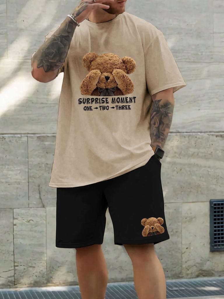 Men's short-sleeved shorts summer suit men's T-shirt trend printing round neck men's suit with sports two-piece men's suit