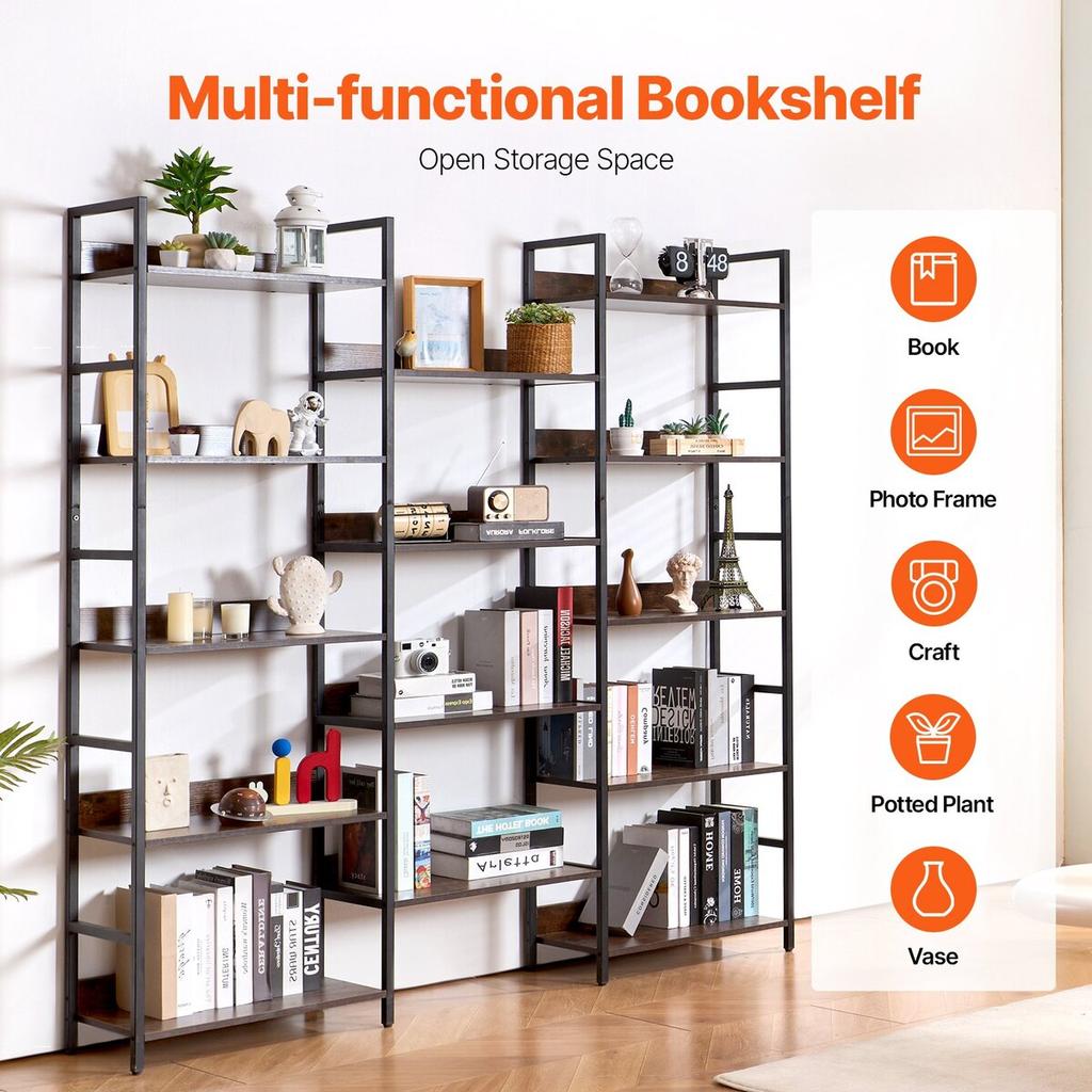 Metal Bookshelf Rustic Bookshelf 14-Tier for Living Room Bedroom & Office