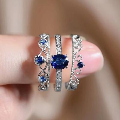 Huitan Noble Blue CZ 3Pcs Set Rings for Women Wedding Party New Modern Fashion Female Accessories  Color Luxury CZ Jewelry