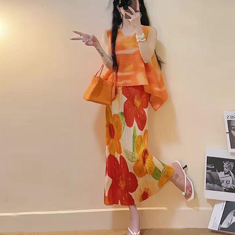 

Новый весенне-летний комплект из маленького высокого розового топа без рукавов с градиентом и полуюбки с принтом One Size оранжевый