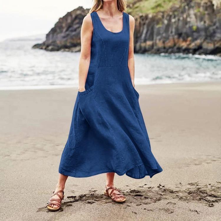 Summer Sleeveless Pocket Dress Cotton Linen Blend European American Style 19 Colors