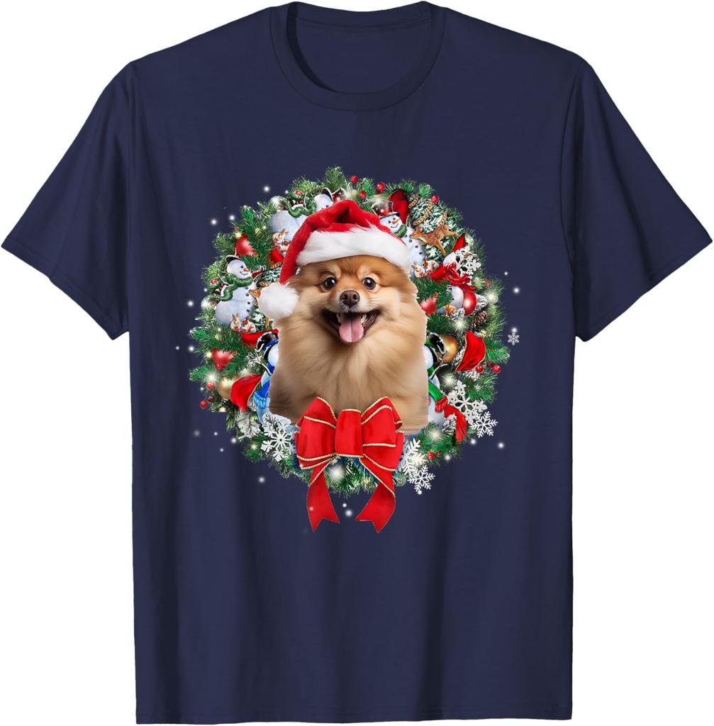 Pomeranian Christmas Wreath Graphic Tee Cute Dog Lover Casual Short Sleeve T-Shirt