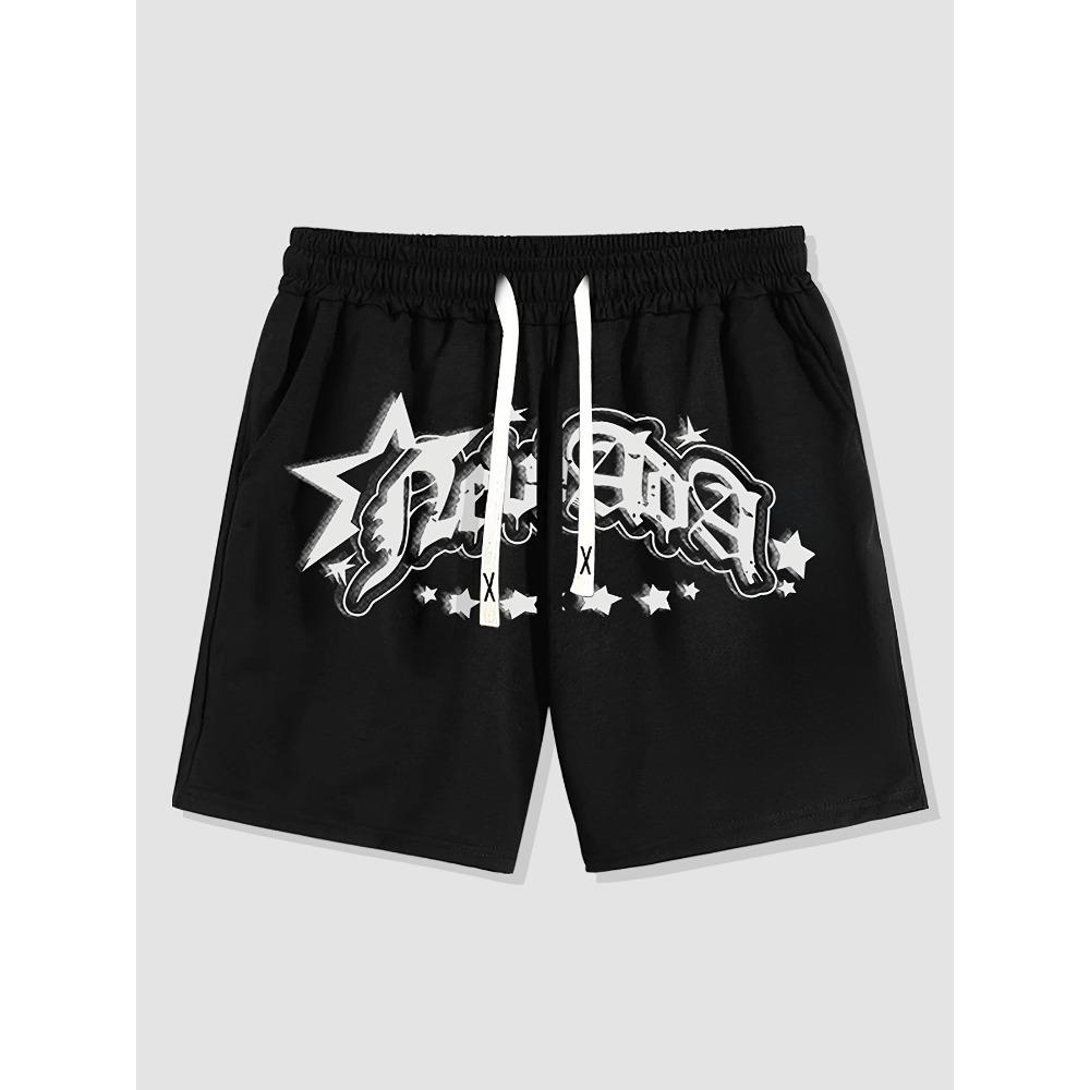 

Korean Popular Style Men Black Printed Knee Shorts Loose Baggy Design Fashion Leisure Outdoor Daily Short Trousers M