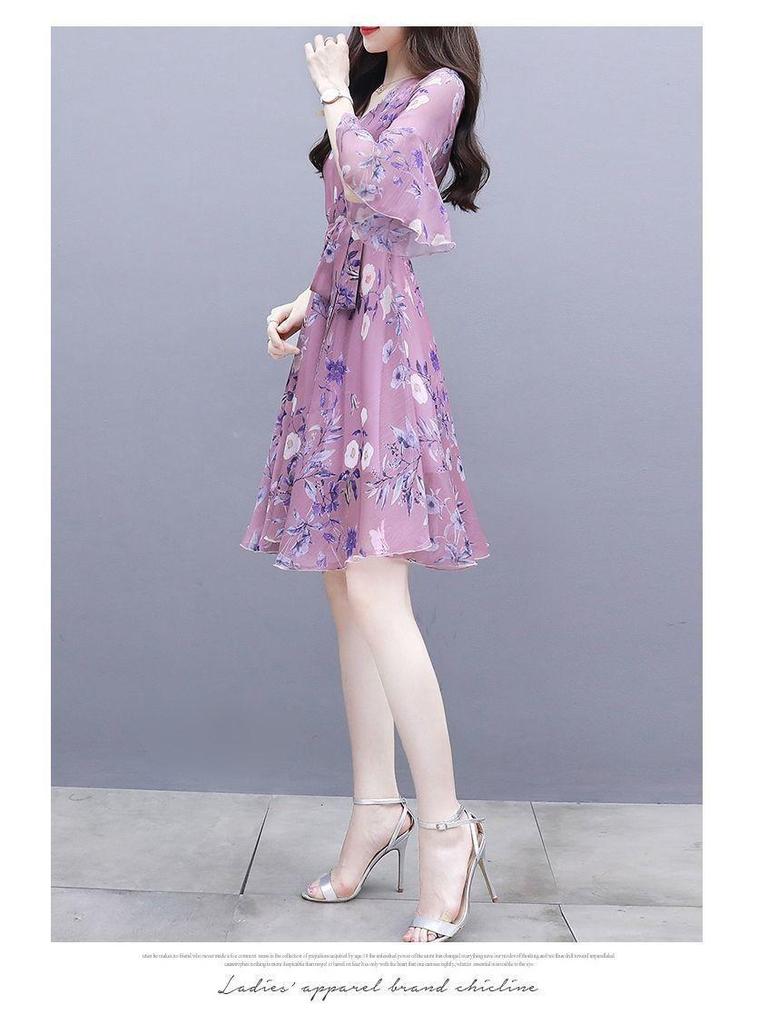 2025 Summer Women's Slim Waist Midi Floral Dress