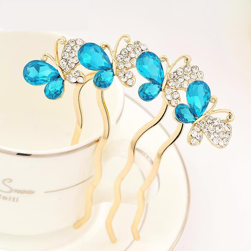 Korean Crystal Butterfly Alloy Four-Tooth Hair Comb - Elegant Updo Headwear Tool