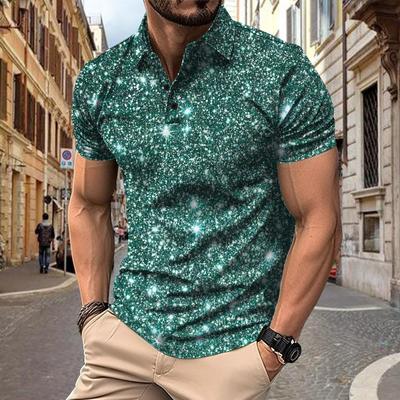 Camisetas polo masculinas moda casual manga curta 3D brilho lantejoulas impressão camisa esportiva masculina