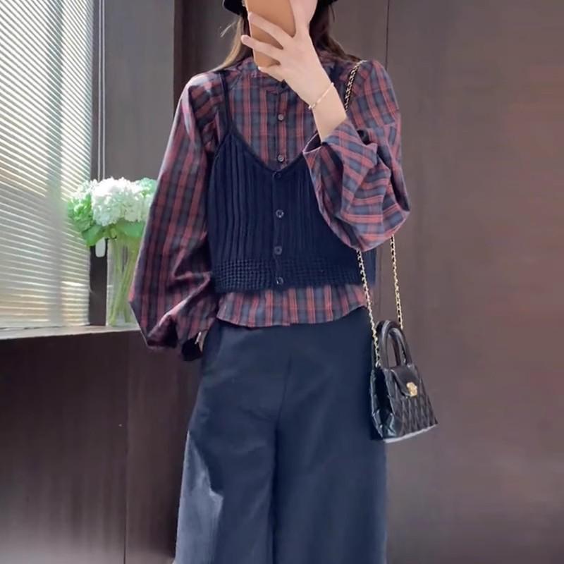 Korean Chic Plaid Shirt & Knit Camisole Vest Set - 2025 Autumn Women's Fashion