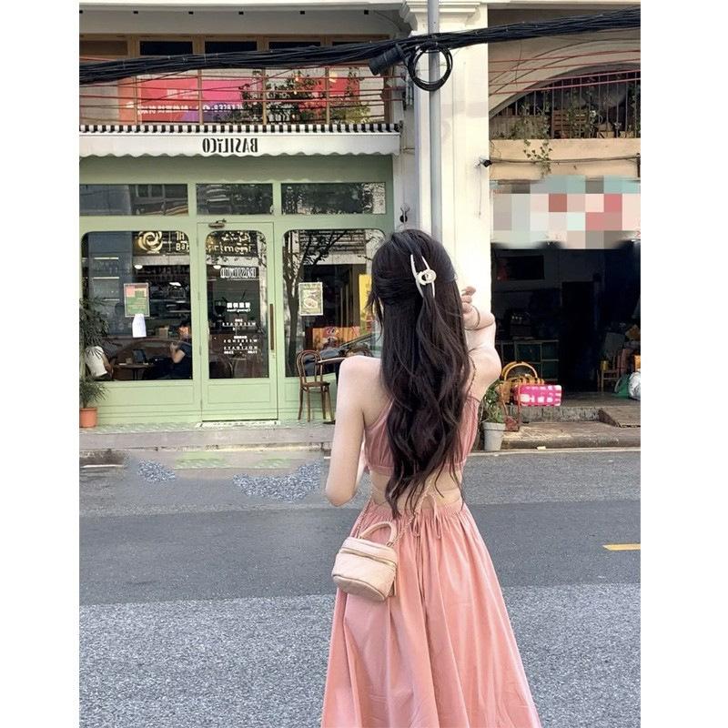 French neck sleeveless pink suspender dress women's summer new seaside vacation beach dress backless long skirt