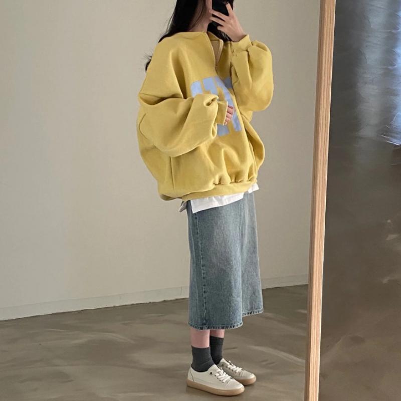 Koreanische Chic Y2k Lose Zip Up Pullover Frauen Herbst Dicken Stil Casual Brief Drucken Kleidung Neue Harajuku High Street Solide tops