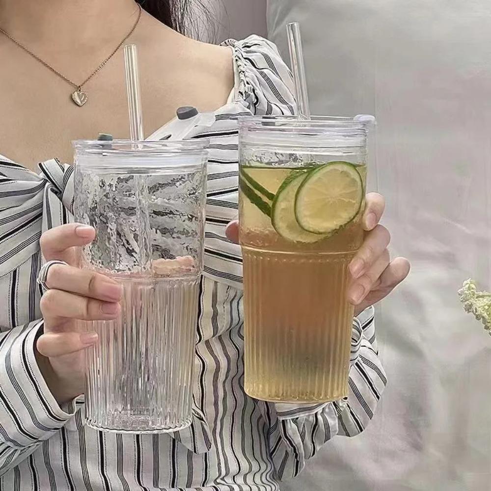 1 PC 610ml Stripe Glass Cup Transparent Glasses With Lid and Straw Ice Coffee Mug Tea Cup Juice Glass Milk Water Cup Drinkware
