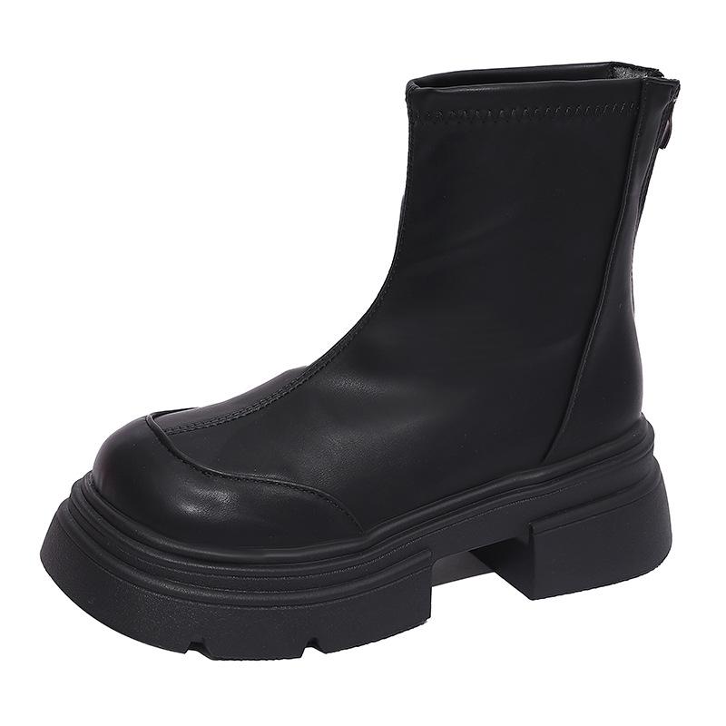 Thick-soled Cigarette Boots Chelsea Martin Boots Coarse Heel Stretch Boots Skinny Boots Fleece Black Women's Short Boots