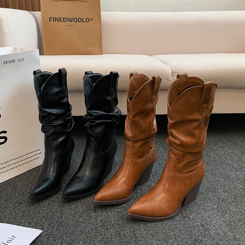 Autumn new western boots pointed middle boots large size thick heel pleated knight boots women