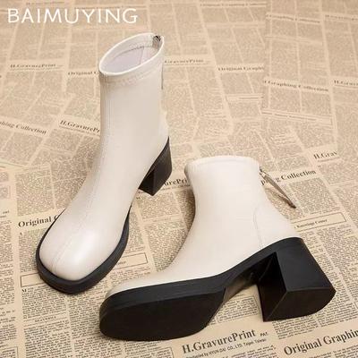 Hiver Cuir Femmes Bottines de Neige à Talons Mi-Hauts Bottes de Moto Designer Tendance 2024 Chunky Fad Nouvelles Chaussures Goth Botas De Mujer
