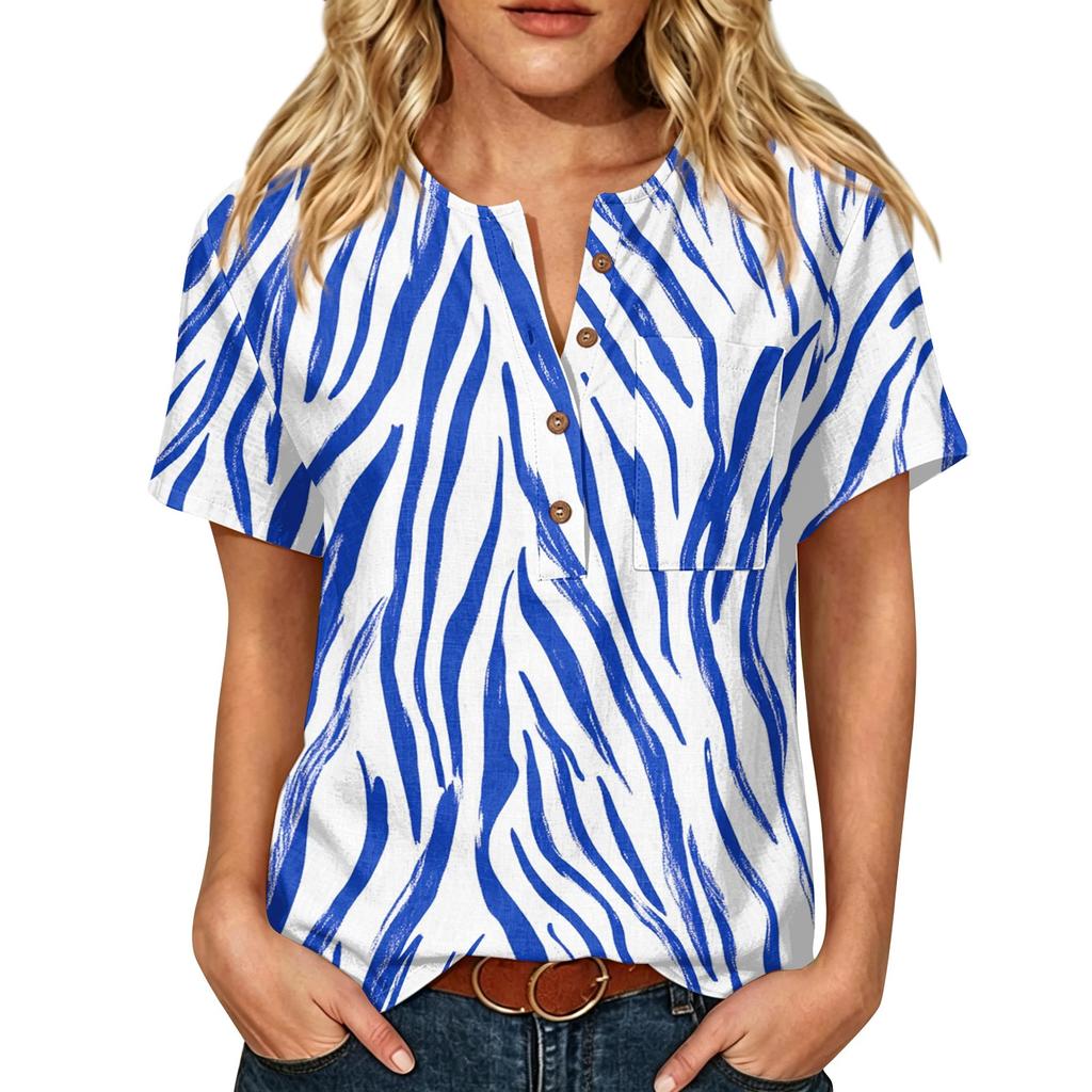 Damen Kurzarm Hemd aus Leinen-Baumwollmischung Henley Knopfleiste Brusttasche Blumendruck Lässiges Sommer Top