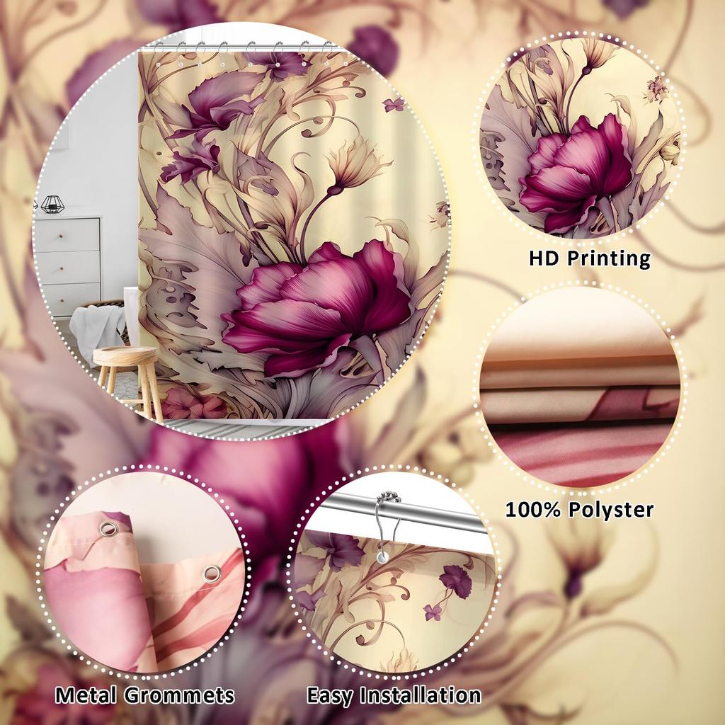 Cortina de Ducha Floral Morada Vintage Morado Oscuro Beige Flor Cortinas de Ducha Para Baño Boho Victoriano Lila Floral Baño