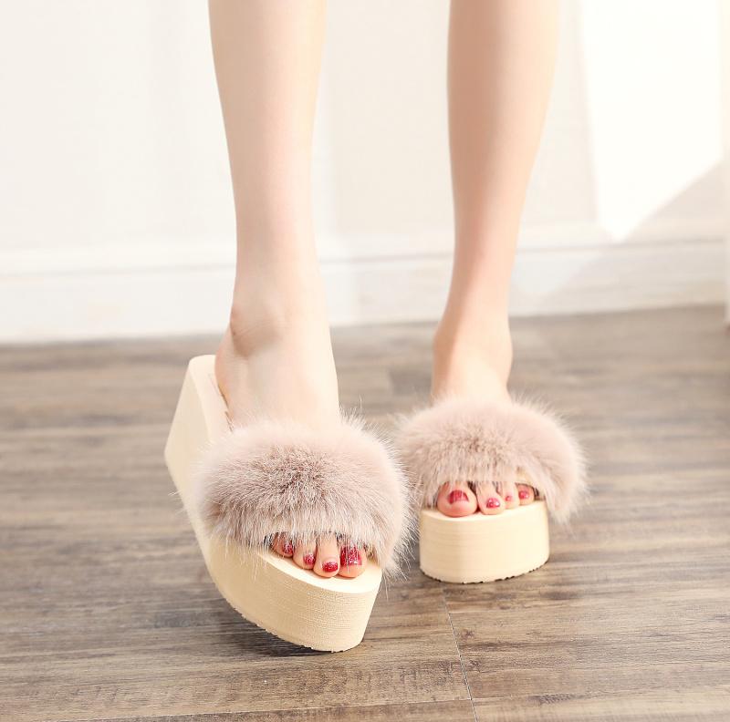 Fashion Colorful Fox Fur Furry Slippers Women Thick Sole Fluffy High Heel Slides Wedges Platform Sandals Feather Shoes Ladies Pantuflas