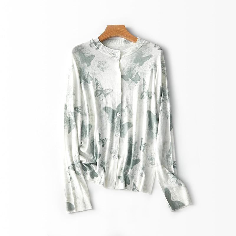 Acetate Wool Blended Printed Knitted Cardigan Women's Summer New Loose Versatile Thin Coat Top