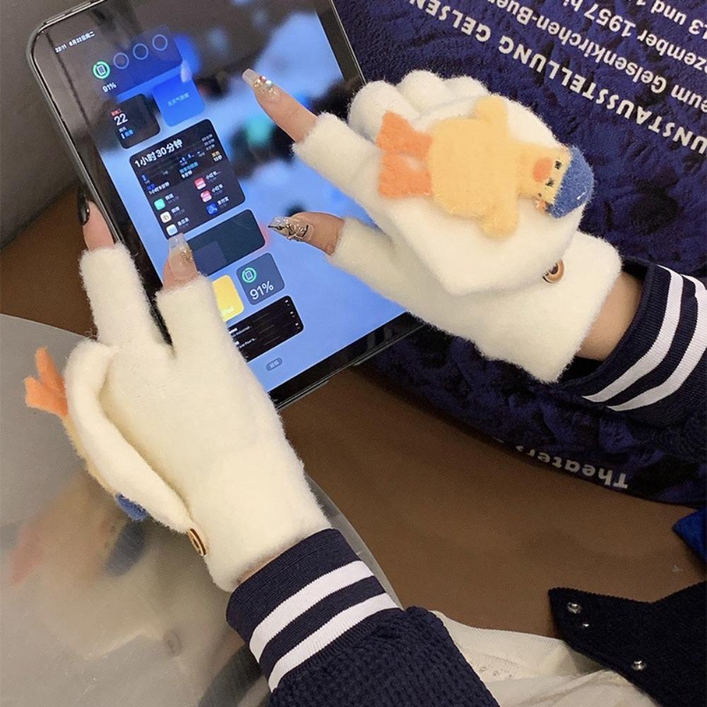 Cartoon Flip Plush Gloves Duck Winter Mittens Elegant Half Finger Gloves Winter