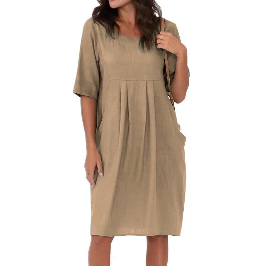 Summer Women's Long Round Neck T-shirt Versatile Casual Women's Solid Color Simple Women's Dress