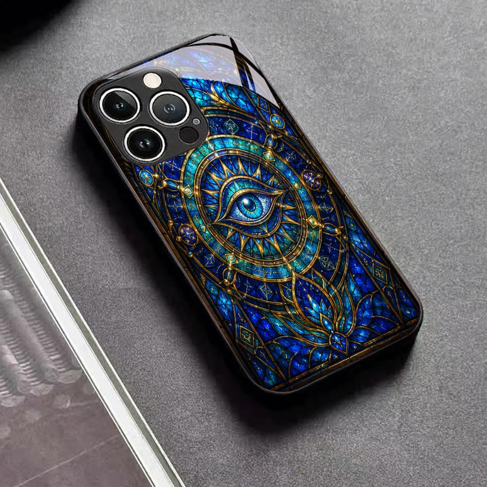 Mystic Eye Black Tempered Glass Phone Case For iPhone 17 16 Pro Max 15 Plus 14 13 12 Fingerprint Shockproof Hard Back Cover
