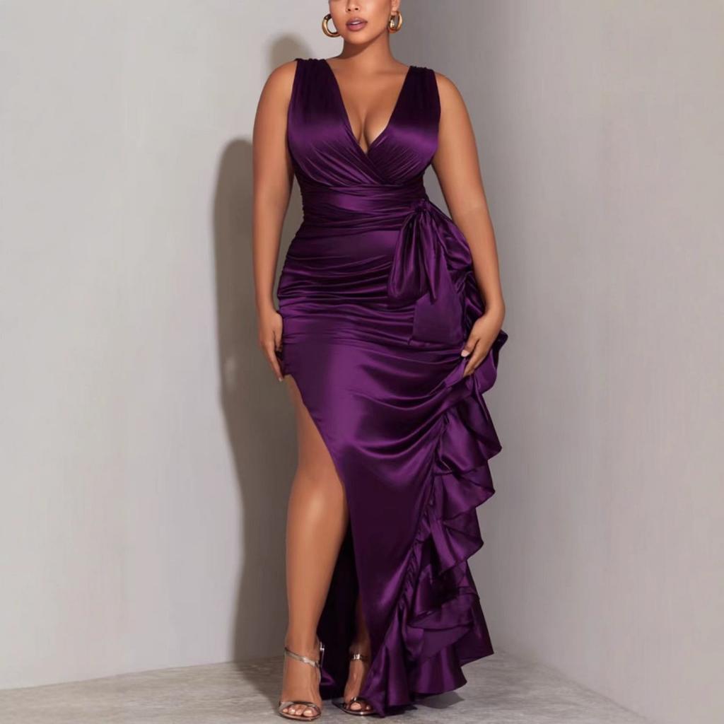 Autunno Inverno Nuovo Taglie Forti Sexy Scollo a V Vita Legata Drappeggiato Bodycon Vestito per Donne Tracolla