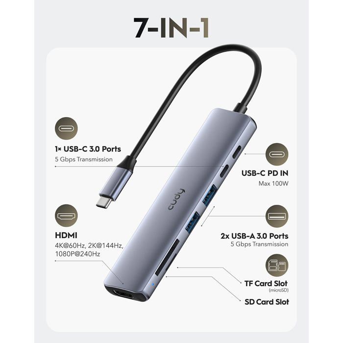 7-in-1 USB-C Hub - Cudy - UH407 - 4K HDMI - 4 USB Ports - Elegant Design
