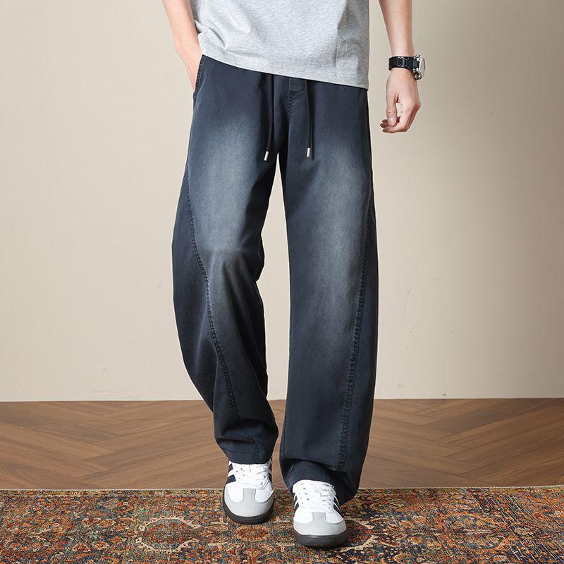 Spring and Summer New European and American Striped Tencel Black and Blue Scimitar Loose Straight Imitation Cow Casual Pants Men's Pants