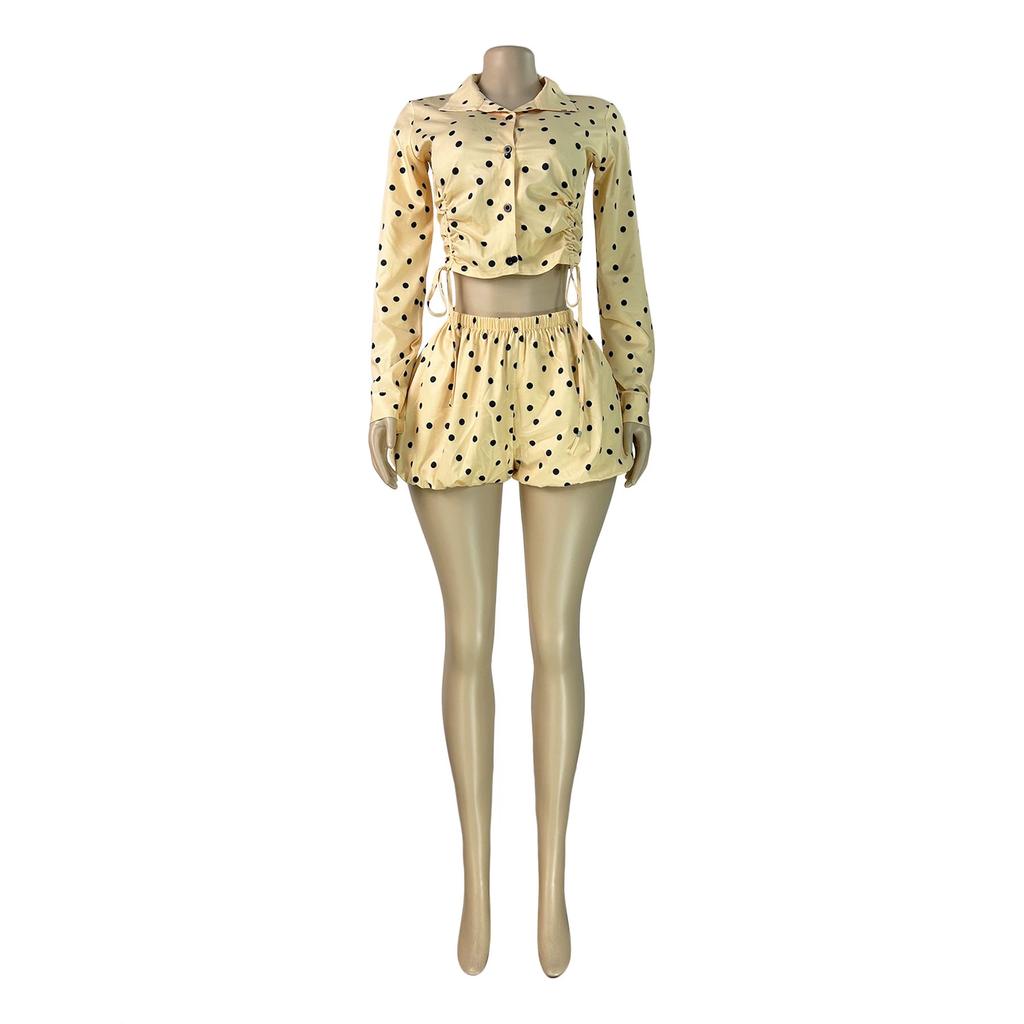 Women 2 Piece Outfits Lapel Long Sleeve Polka Dot Crop Top Drawstring Shorts Set Elegant Casual Pearl Chain Matching Set