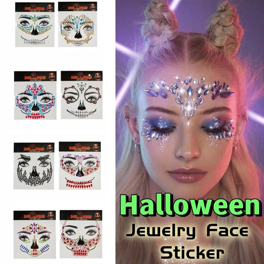 Funny Halloween Fake Tattoo DIY Skull Face Sticker Rhinestone Face Sticker  Day of The Dead