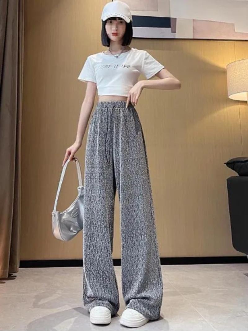 Shiny Rhinestone Sequin High-Waisted Wide-Leg Pants - Women s Summer Korean Style Ice Silk Loose Fit L серый