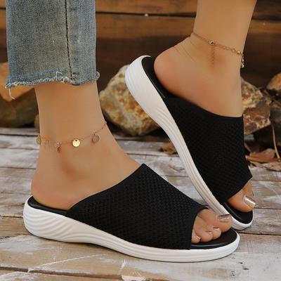 Women's Knitted Breathable Mesh Slide Sandals Soft Flat Sandals with Open Toe Platform Non-Slip Light Casual Summer Beach Shoes