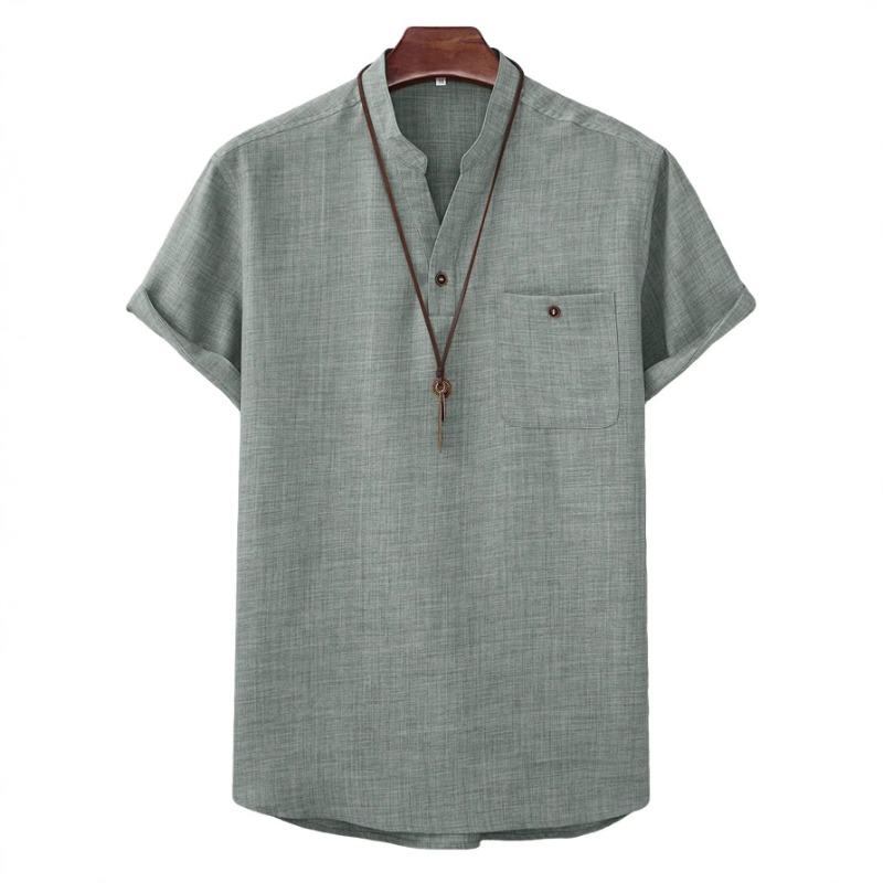 Herren Leinenmischung Henley-Kragen Tasche Kurzarm Lässig Strandurlaub Hemd