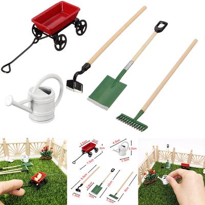 1/12 Miniatuur Poppenhuis Set Tuin Gereedschap Gieter Rode Kar